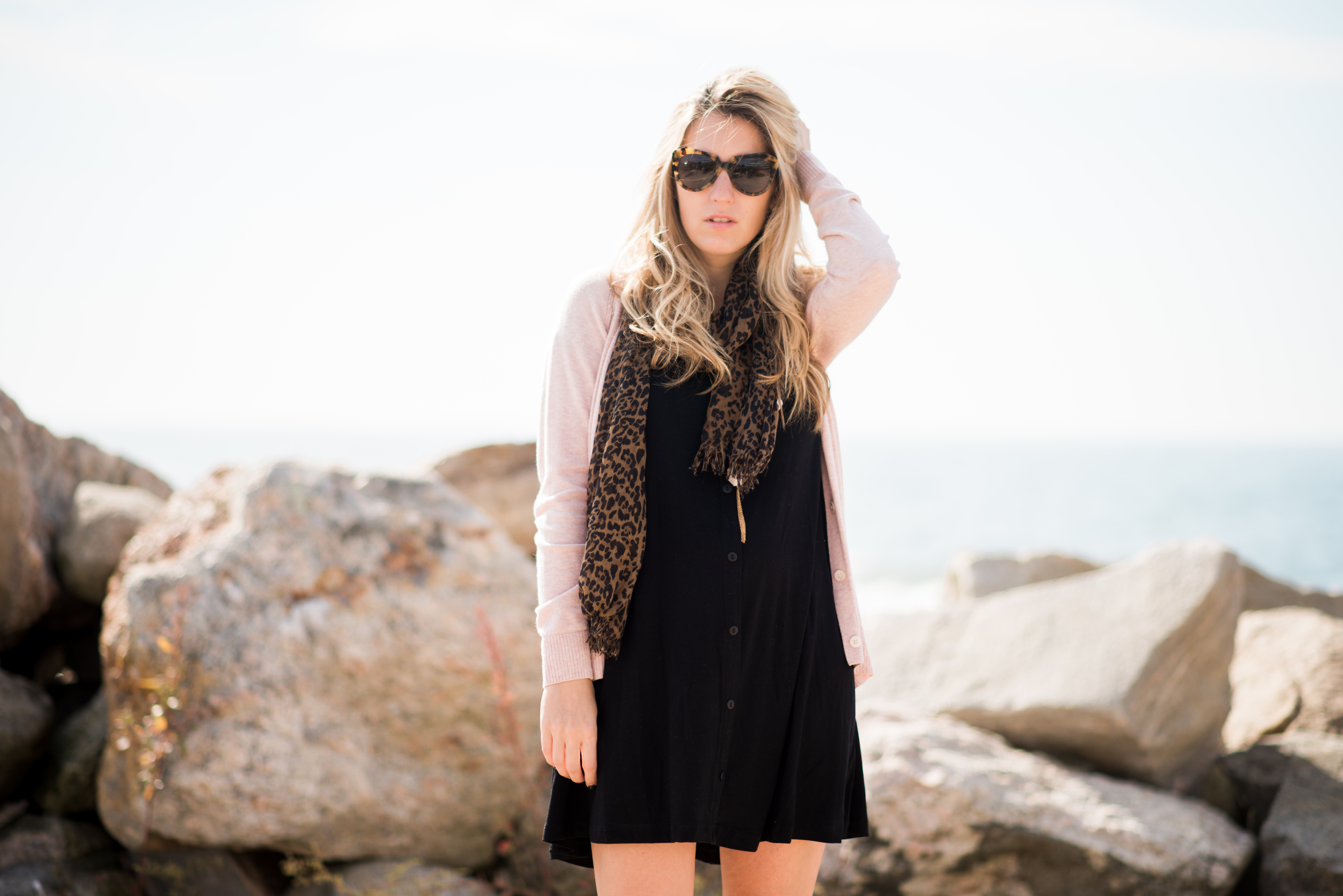 little black dress with cardigan