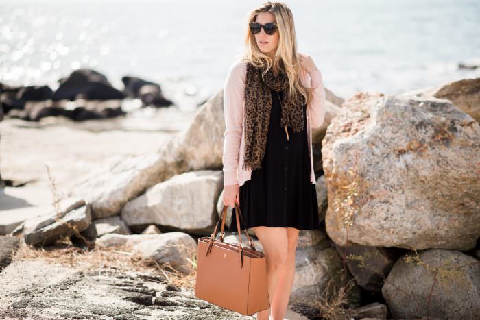 little black dress with cardigan