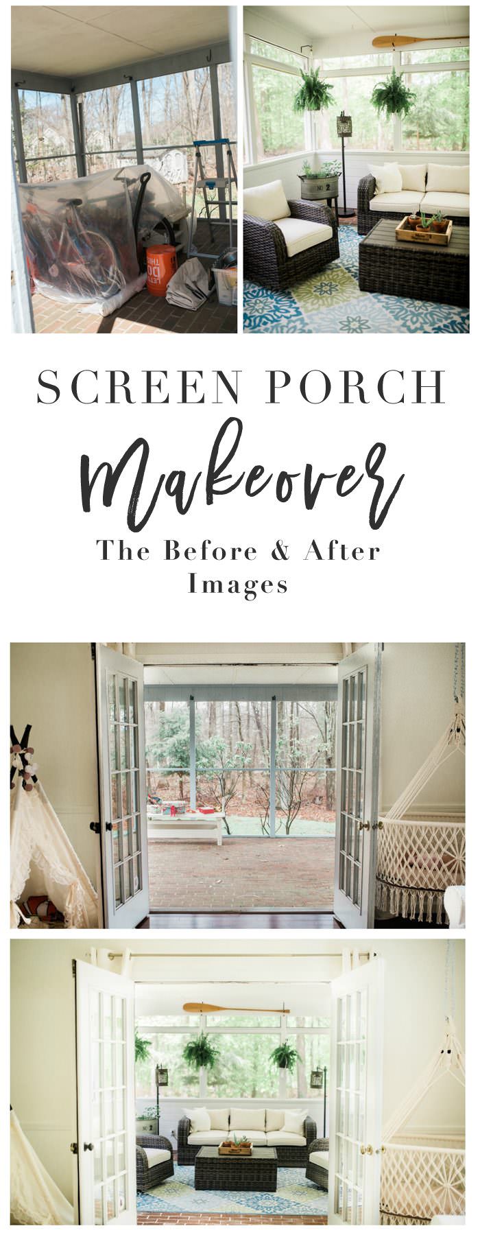Screen Porch Makeover with Raymor & Flanigan // The before & after images along with screen porch ideas and makeover tips