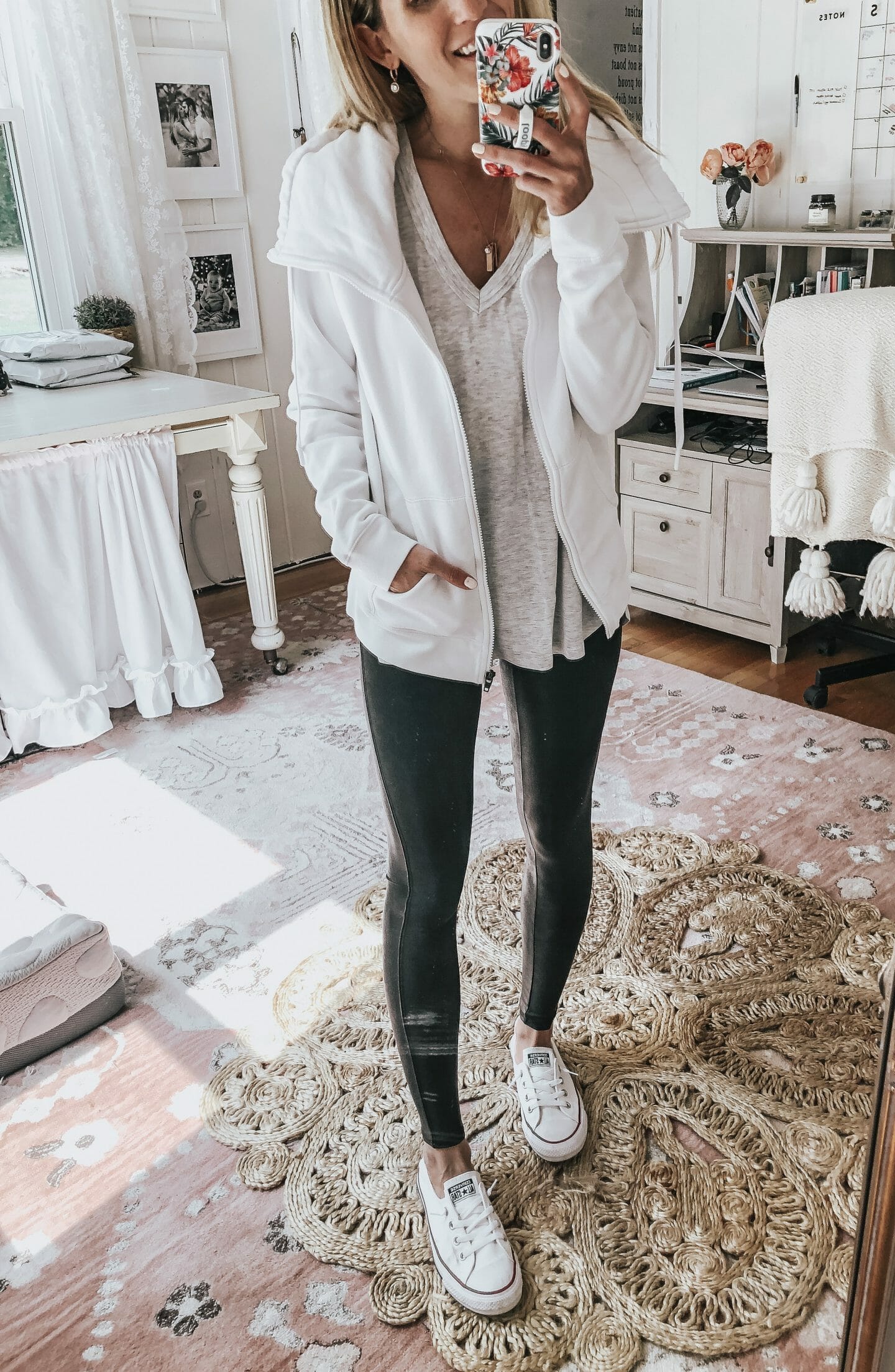 How to Style Faux Leather Leggings 5 diffferent ways // Converse Sneakers, Basic Tee & Collared Sports Jacket