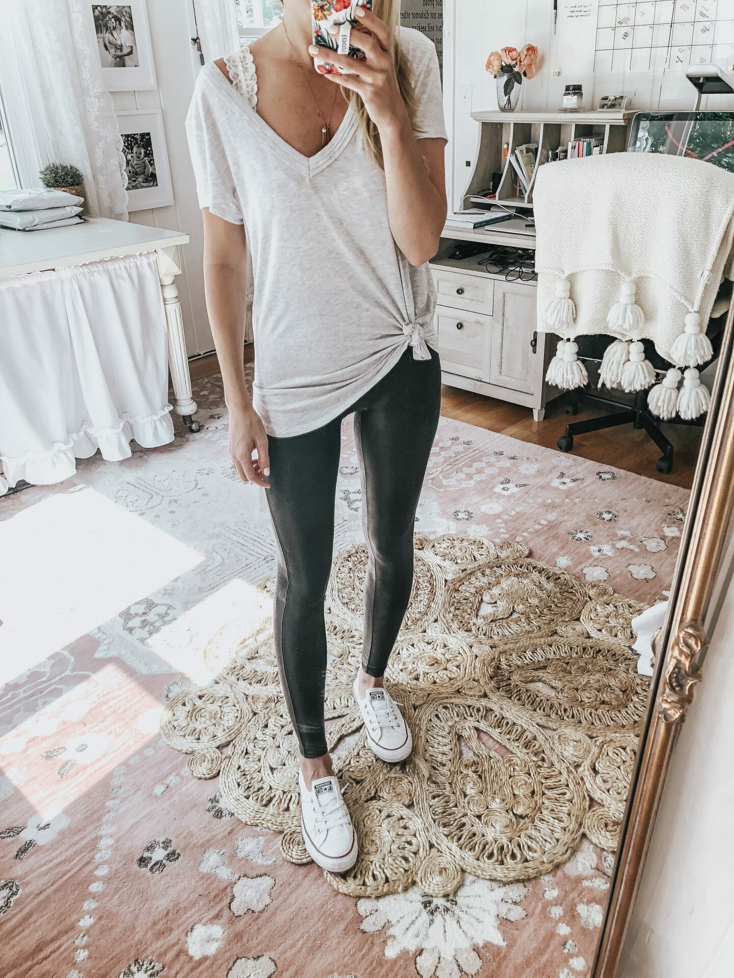 How to Style Faux Leather Leggings 5 diffferent ways // Converse Sneakers, Basic Tee & Collared Sports Jacket