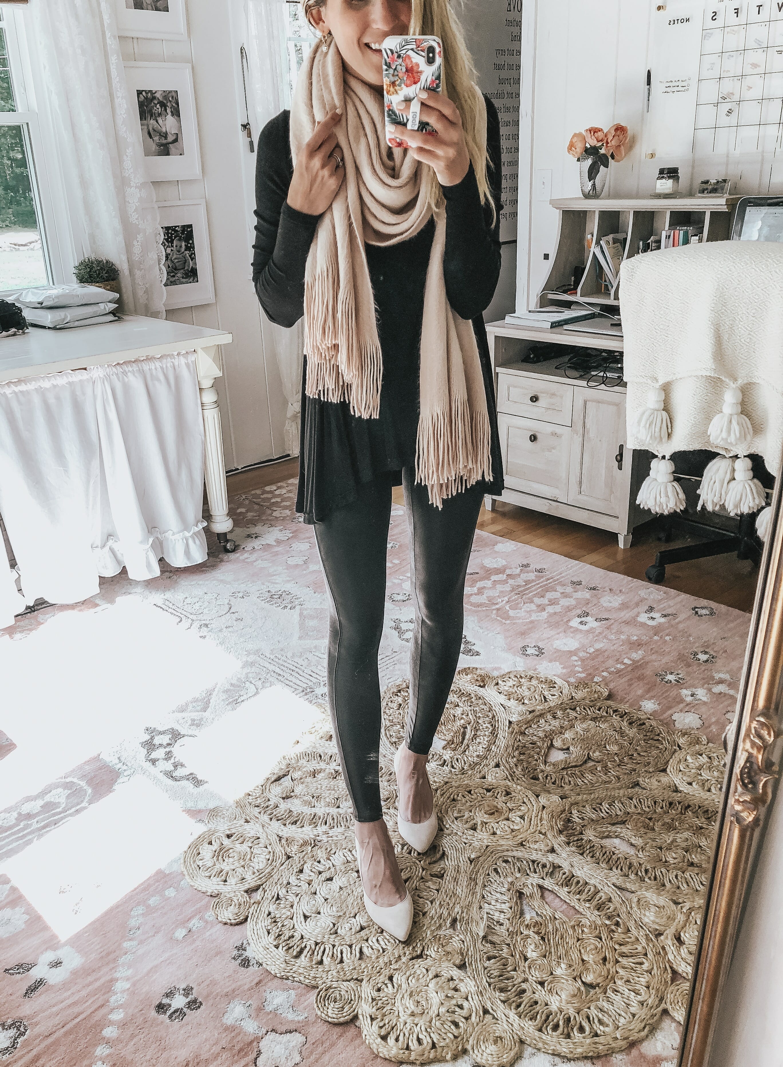 How to Style Faux Leather Leggings 5 diffferent ways // Simple Top, Oversized Scarf & Heels