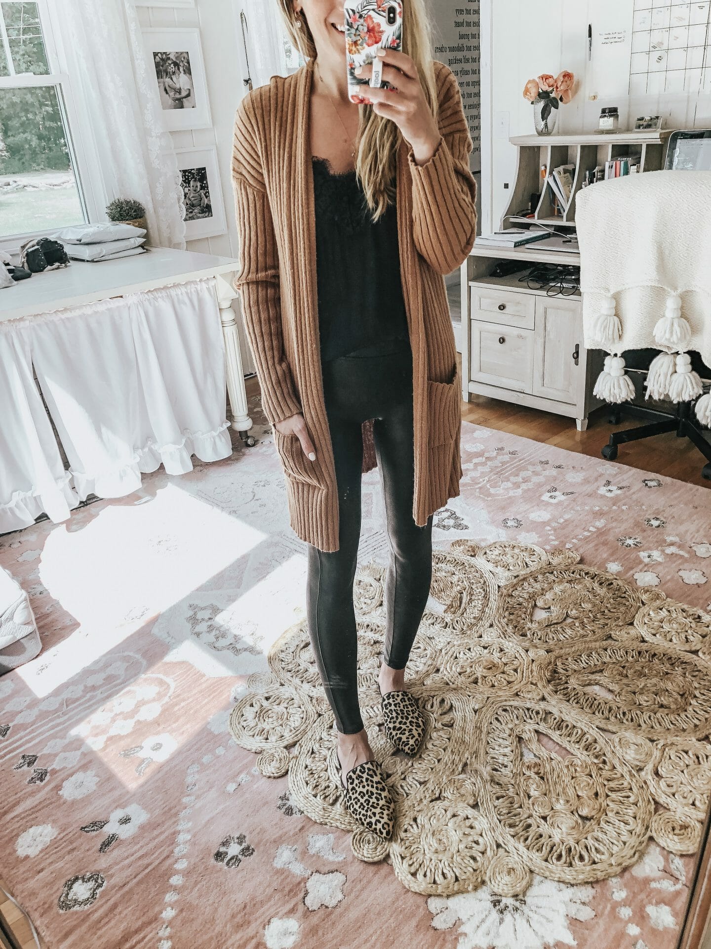 How to Style Faux Leather Leggings 5 diffferent ways // Leopard Mules & Tan Cardigan