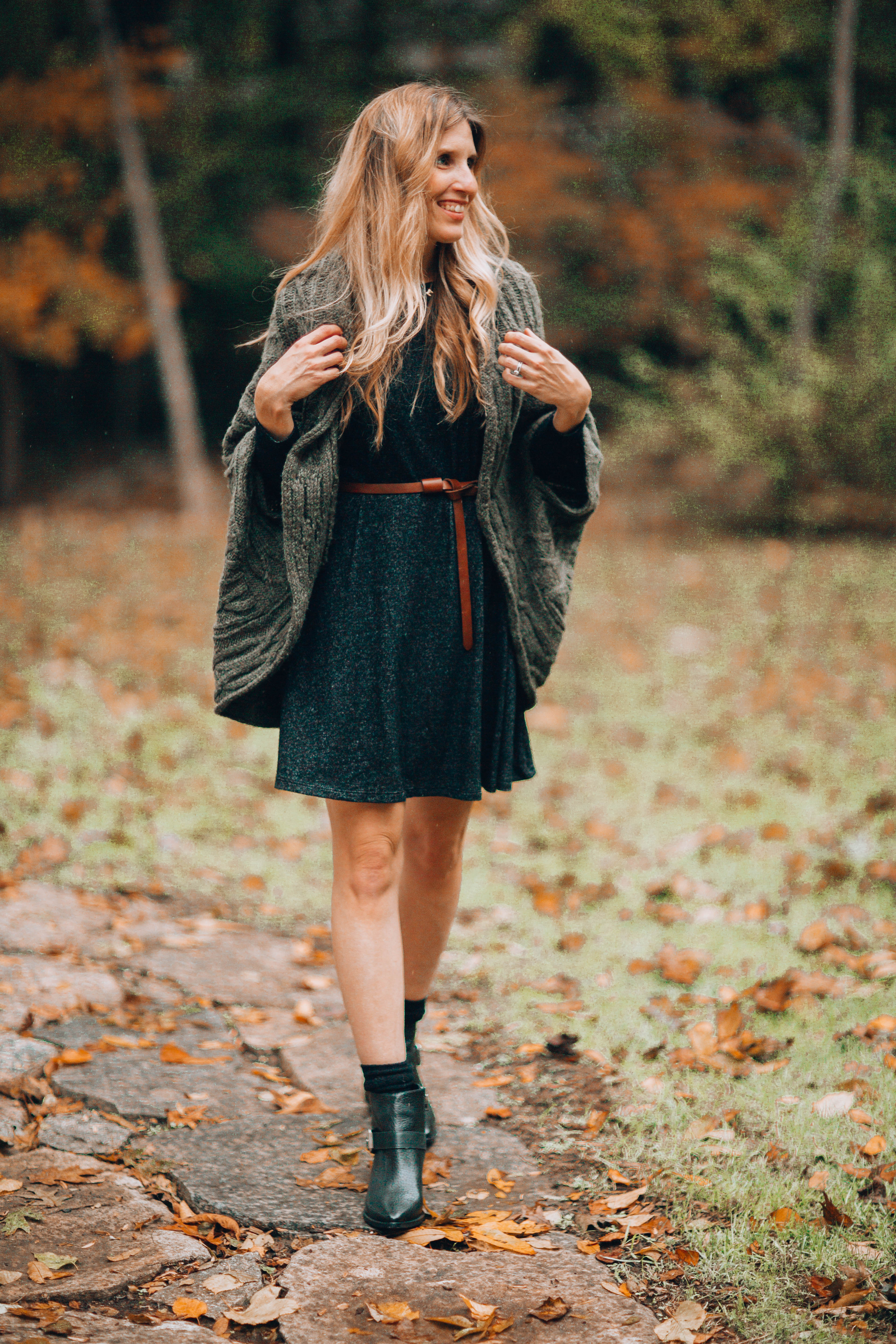 How to Style A Swing Dress 5 Ways | Style it with a cocoon cardigan and booties!